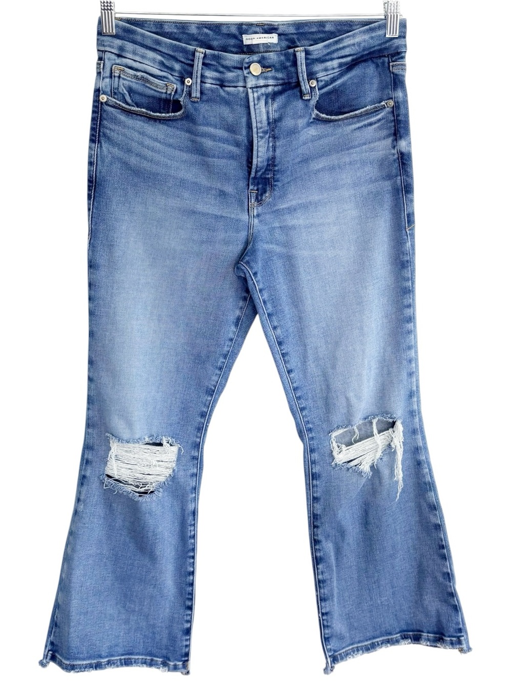 GOOD AMERICAN Good Legs Crop Mini Bootcut Distressed Jeans Size 30